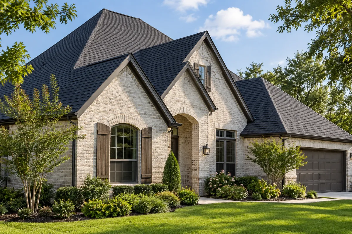 AI-generated illustration of a brick home with a dark shingle roof